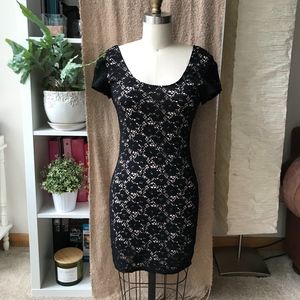 Short Sleeve Fitted Black Lace Bodycon Dress With Nude Colored Inner Slip Lining
